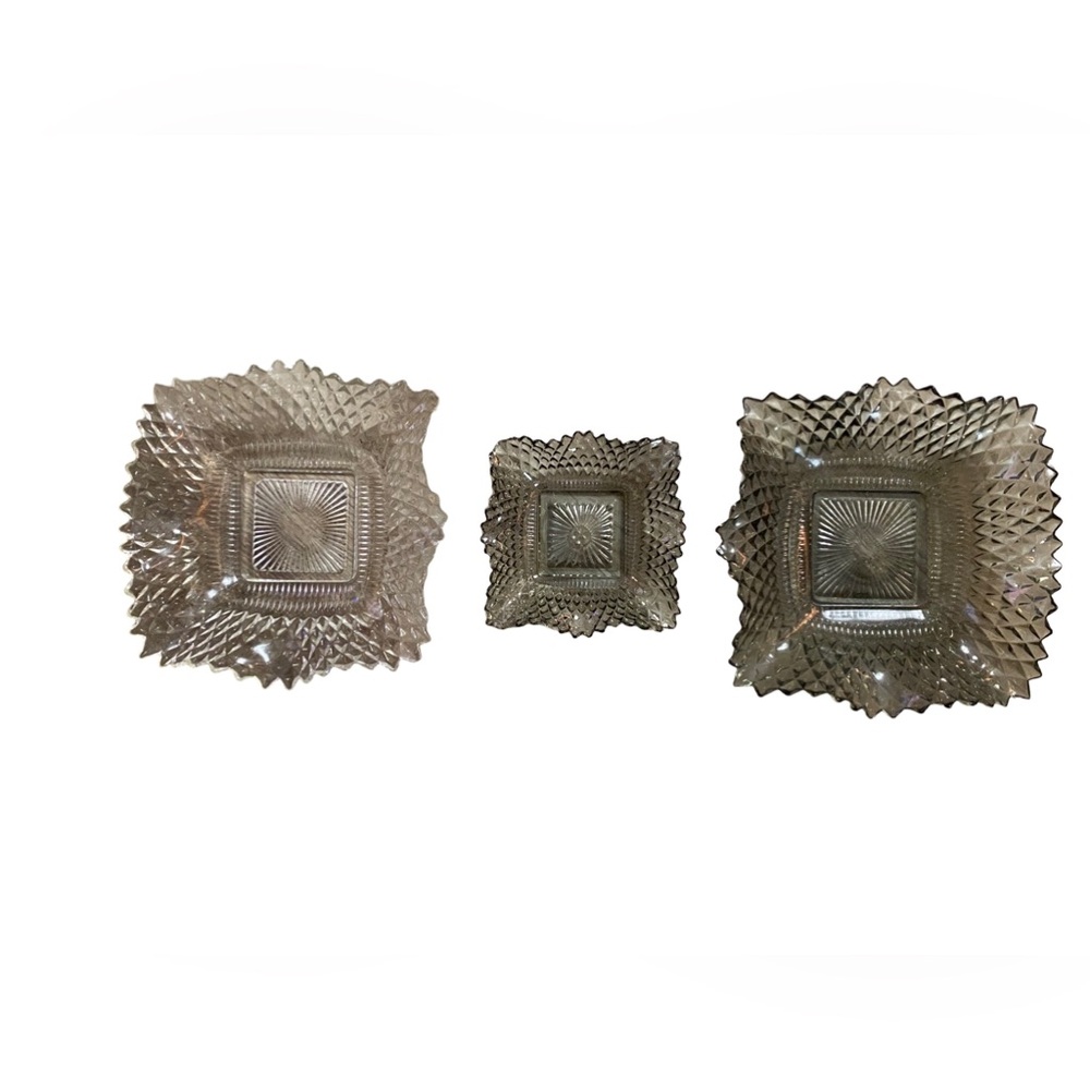 Vintage Indiana Glass Square Diamond Point Candy Nut Dish Ruffle Edge - Set Of 3